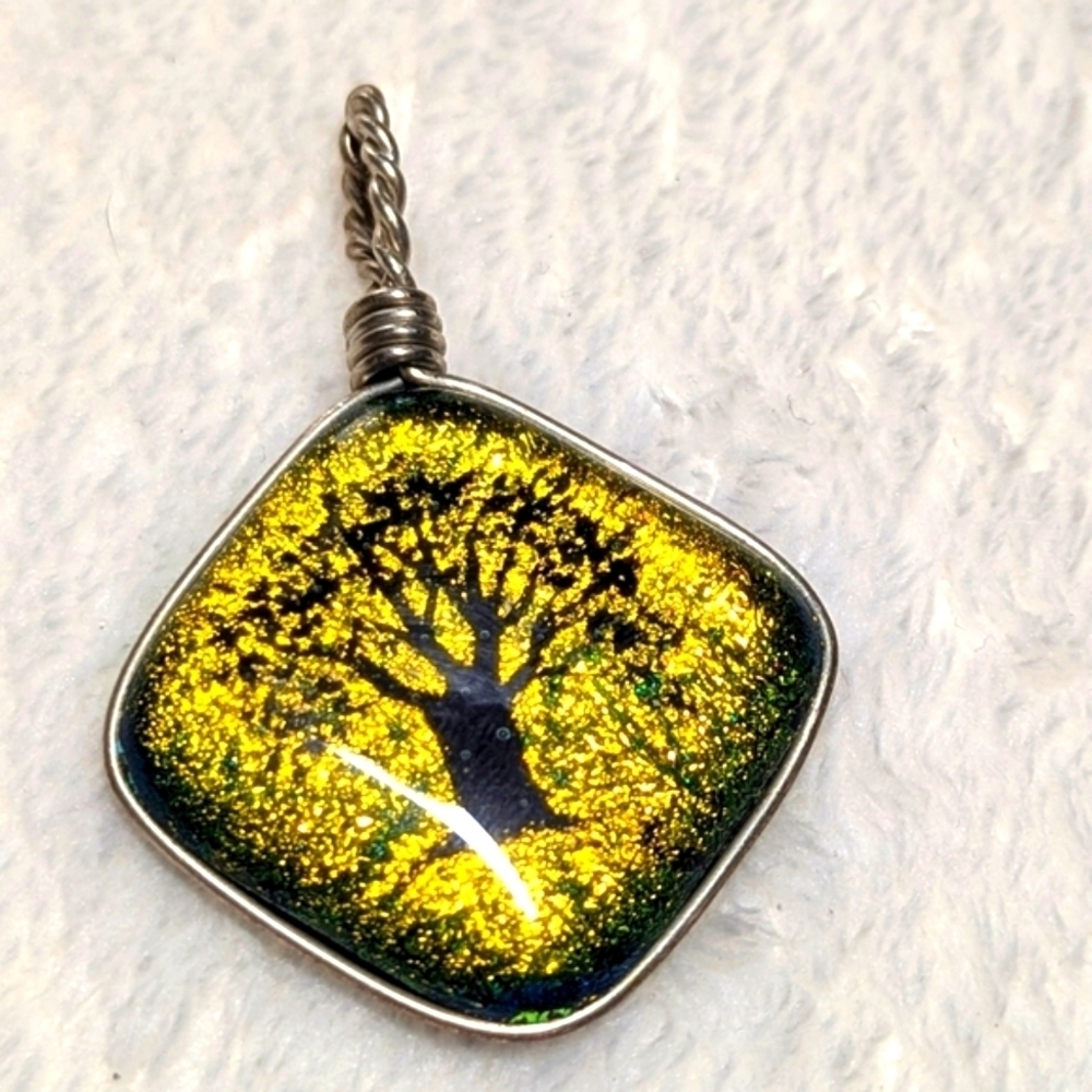 Artisan Made Dichroic Glass Tree Of Life Pendant Wrapped In Sterling Wire - Picture 6 of 9